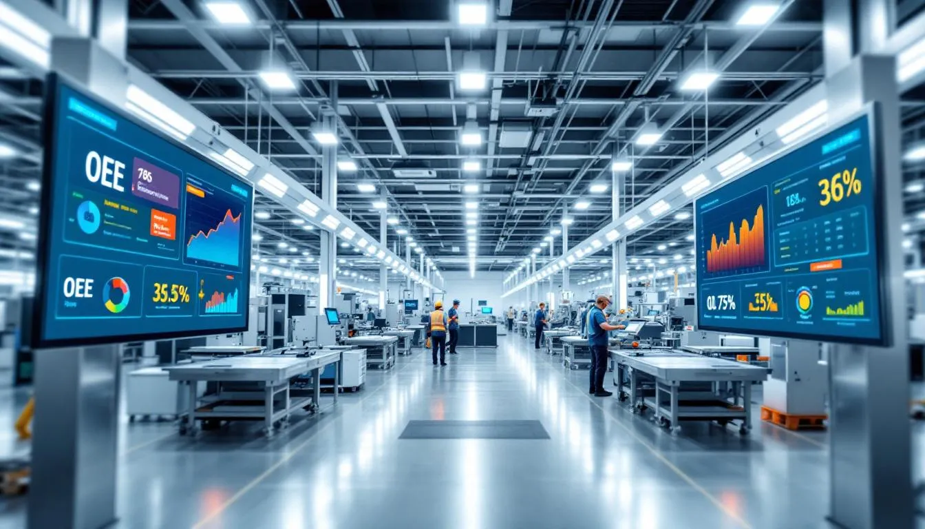 L'immagine raffigura un moderno stabilimento di produzione dotato di display di monitoraggio digitale che mostrano in tempo reale i parametri relativi all'efficacia complessiva delle attrezzature (OEE). Questi display forniscono informazioni utili sull'efficienza produttiva, consentendo un migliore monitoraggio delle operazioni di produzione e dei dati sulle prestazioni in officina.