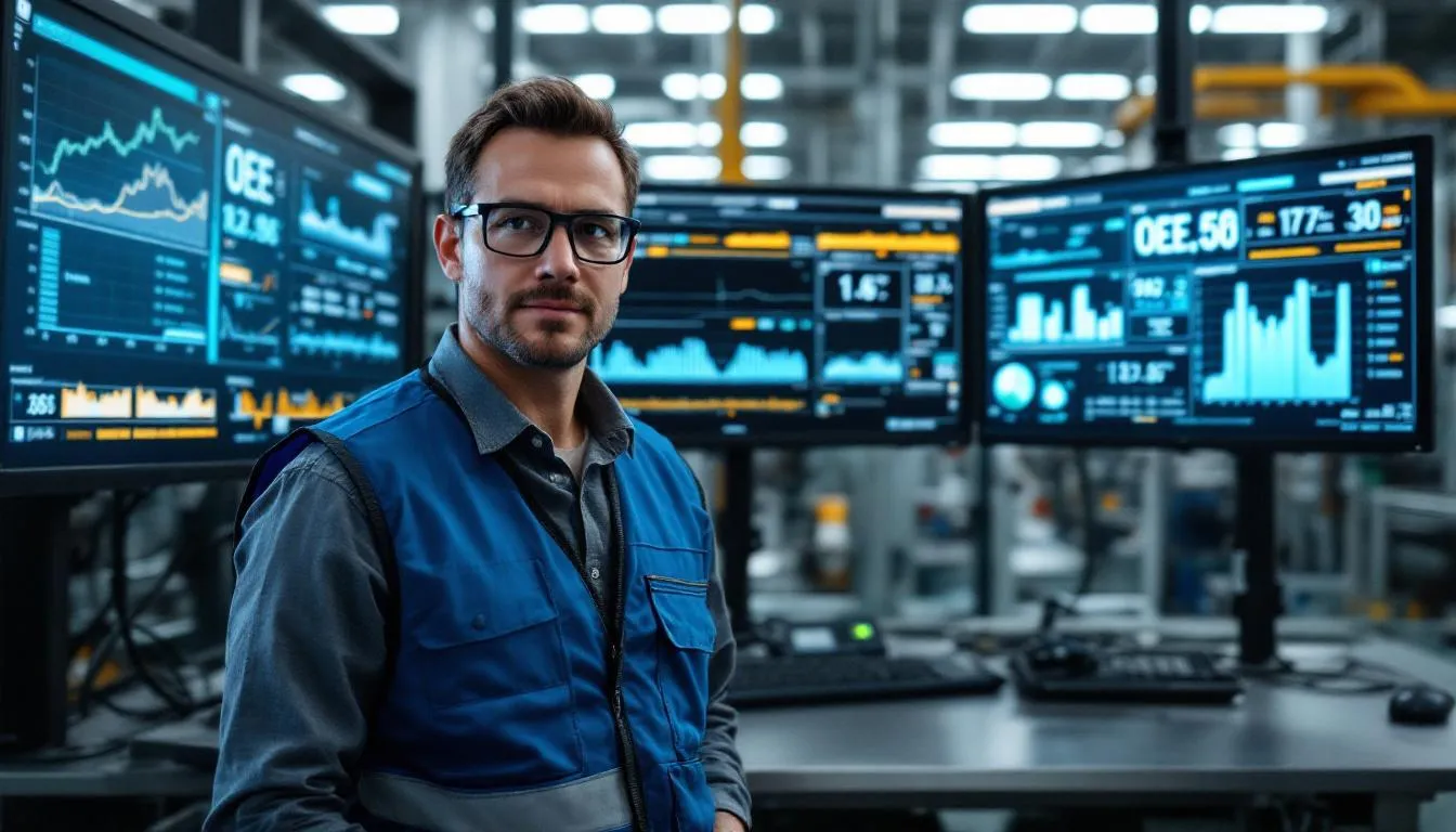 Un ingegnere di produzione sta monitorando attentamente i dati di produzione in tempo reale su più schermi, che mostrano le metriche OEE chiave e le informazioni relative all'efficienza produttiva e all'efficacia delle attrezzature. L'ambiente riflette una trasformazione digitale nelle operazioni di produzione, sottolineando l'importanza di misurare la produttività manifatturiera e ridurre i tempi di inattività in officina.