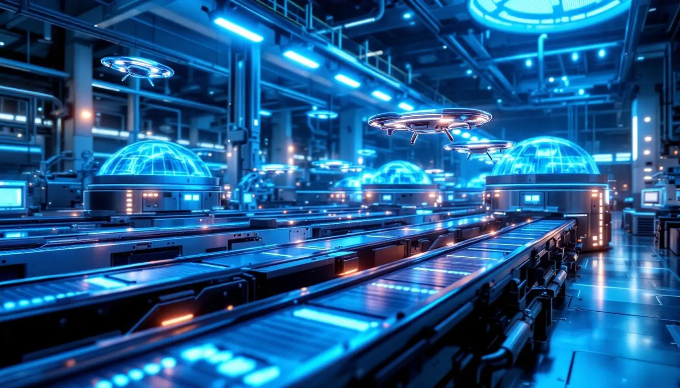 L'immagine raffigura un impianto industriale futuristico con apparecchiature interconnesse e sistemi di manutenzione autonomi, che mettono in mostra tecnologie avanzate che migliorano l'efficienza operativa. Questo ambiente sottolinea l'importanza delle strategie di manutenzione predittiva, che utilizzano tecniche di analisi dei dati e di apprendimento automatico per ottimizzare le prestazioni delle apparecchiature e ridurre i costi di manutenzione.