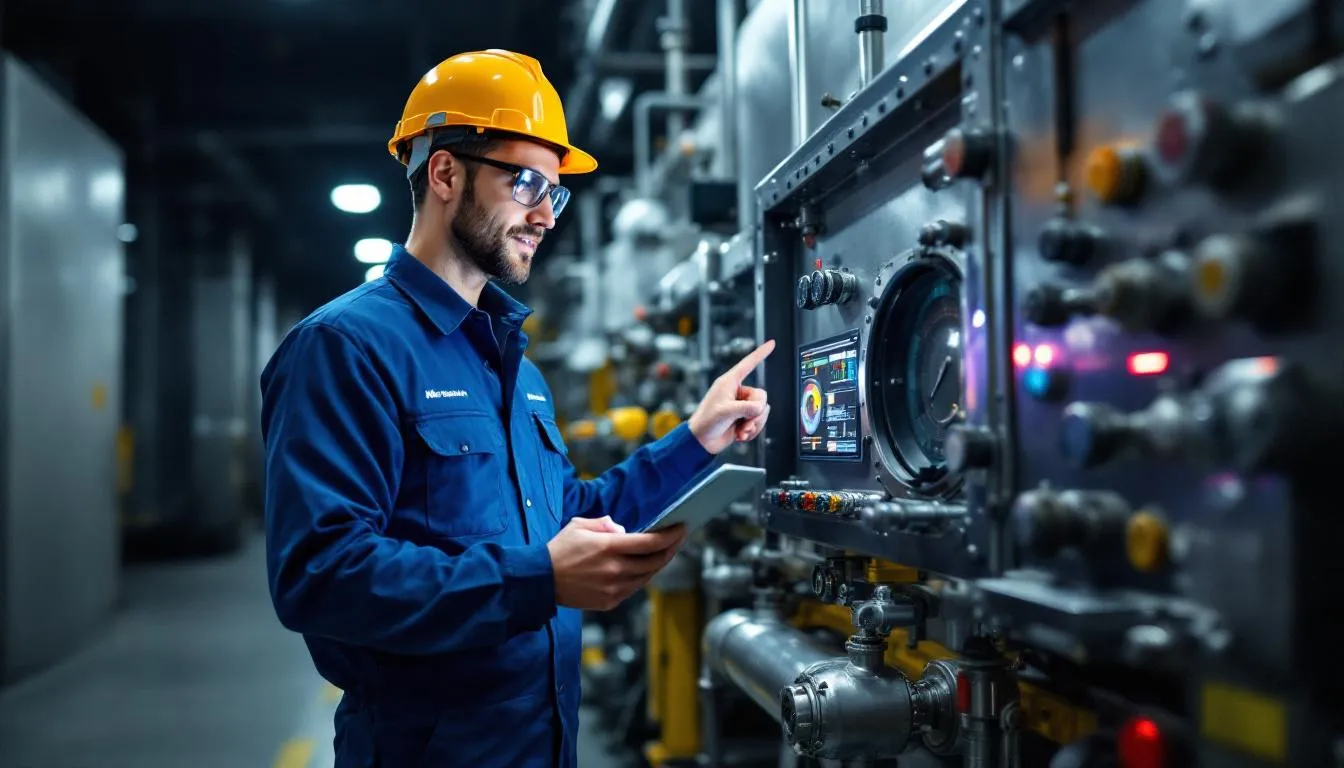 Un tecnico di manutenzione è in piedi accanto a un macchinario industriale e sta esaminando i dati di manutenzione predittiva su un tablet. Questa scena evidenzia l'importanza di monitorare le condizioni delle apparecchiature per prevenire guasti imprevisti e migliorare l'affidabilità complessiva delle apparecchiature attraverso strategie di manutenzione proattive.