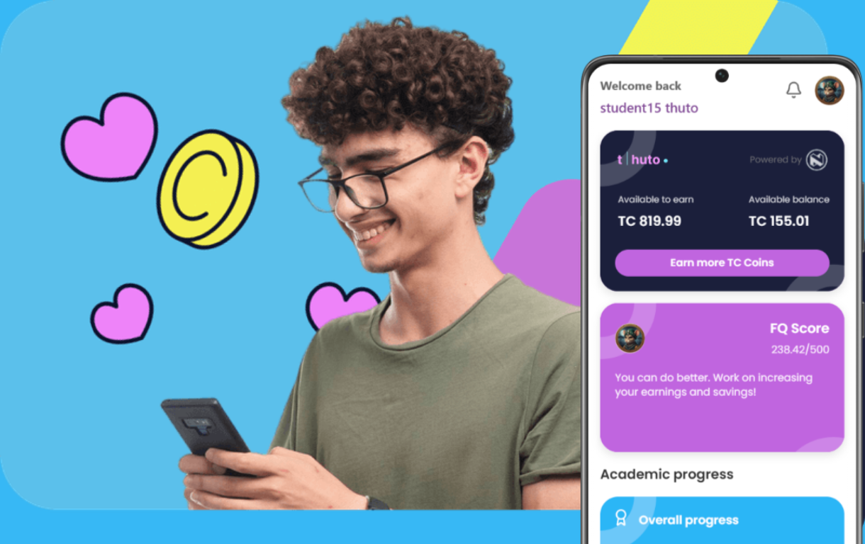 Young man wearing glasses and an olive green shirt looking at his phone with a blue background decorated with pink hearts and a yellow coin illustration, next to a phone screen showing a financial app with TC coin balance and academic progress.