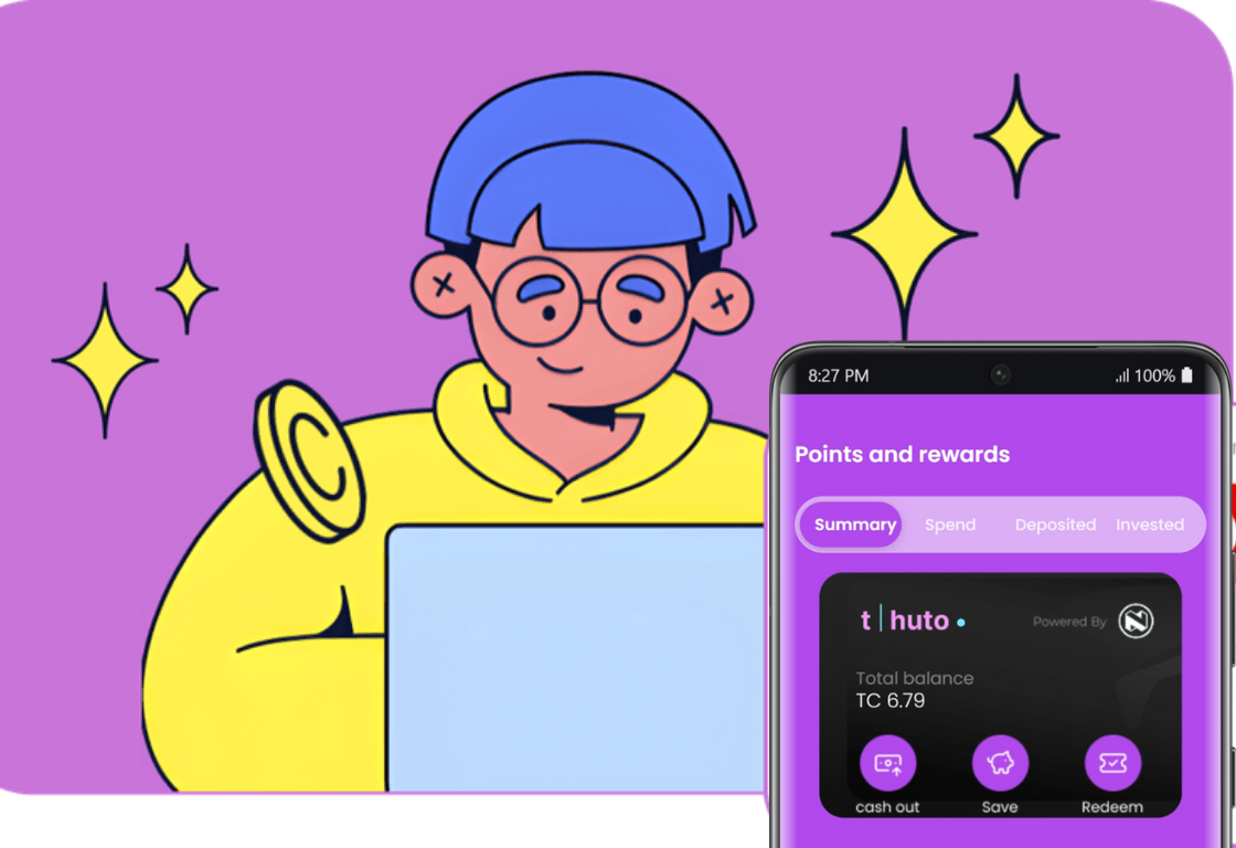 Illustration of a person with blue hair and glasses wearing a yellow hoodie using a laptop, with a smartphone display showing a points and rewards app screen.