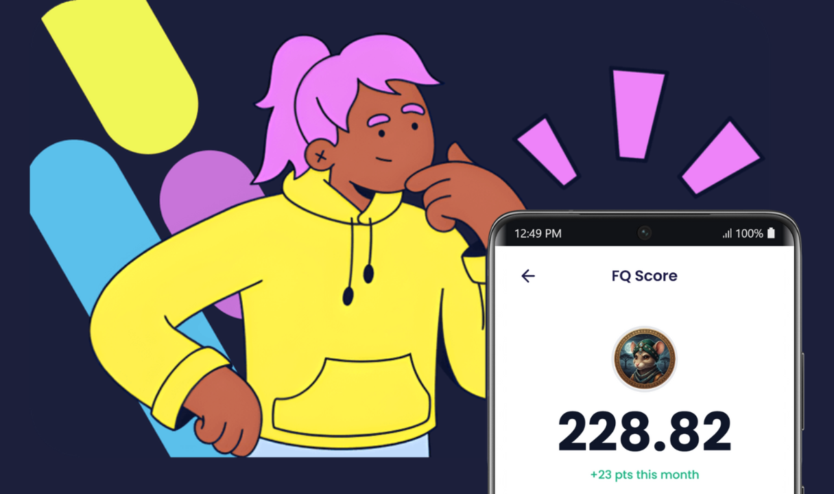 Illustration of a person with pink hair and a yellow hoodie next to a smartphone displaying an FQ Score of 228.82 with a note of +23 points this month.