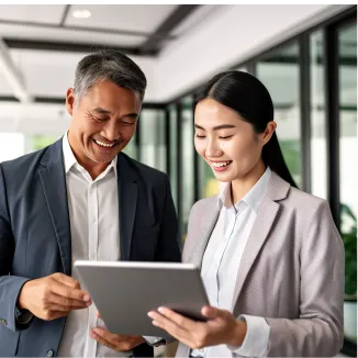 A couple of people that are looking at a tablet.