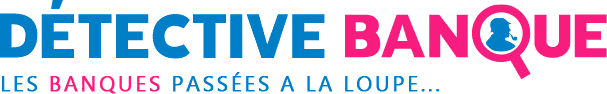 Logo of Detective Banque with a magnifying glass incorporating a silhouette and text 'Les banques passées à la loupe...'.