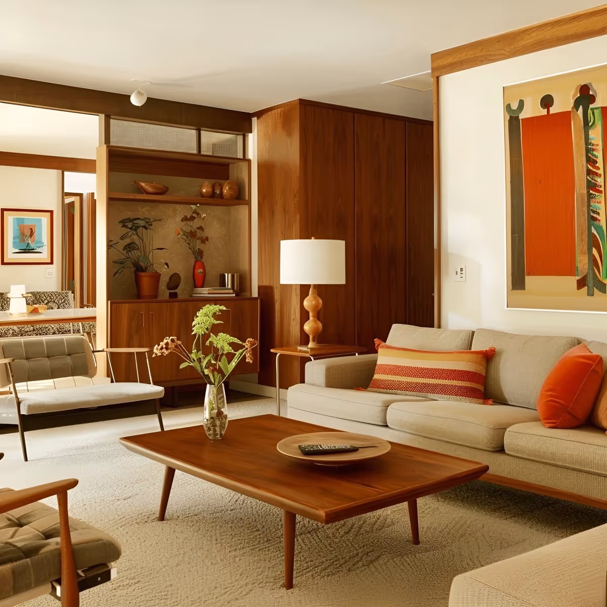 Mid-century modern living room with beige sofas, wooden coffee table, armchairs, potted plants, abstract wall art, and warm wood accents.