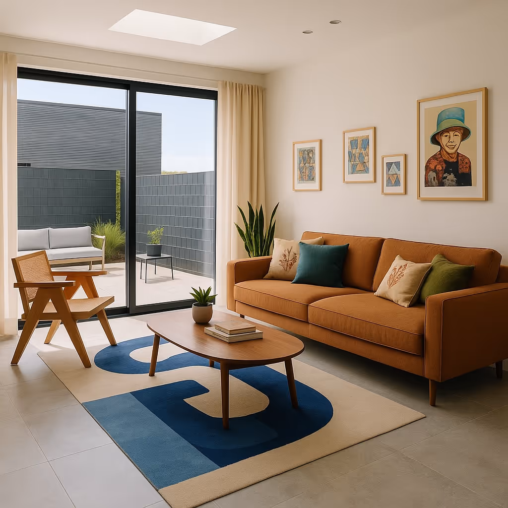 Modern living room with a burnt orange sofa, wooden chair, oval wooden coffee table on a blue and beige rug, and framed artwork on the wall.