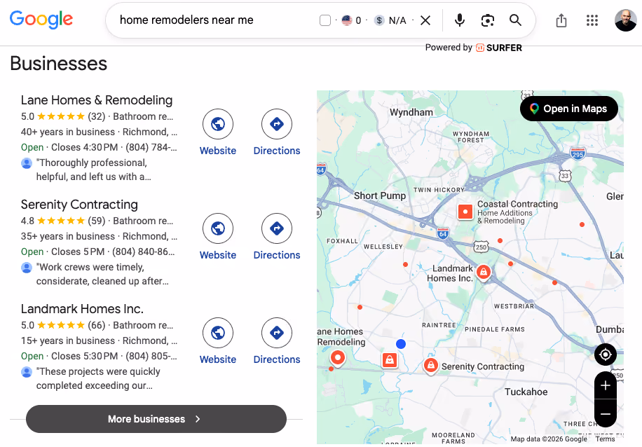 Google search results for home remodelers near me with business listings and a map showing locations in Richmond.