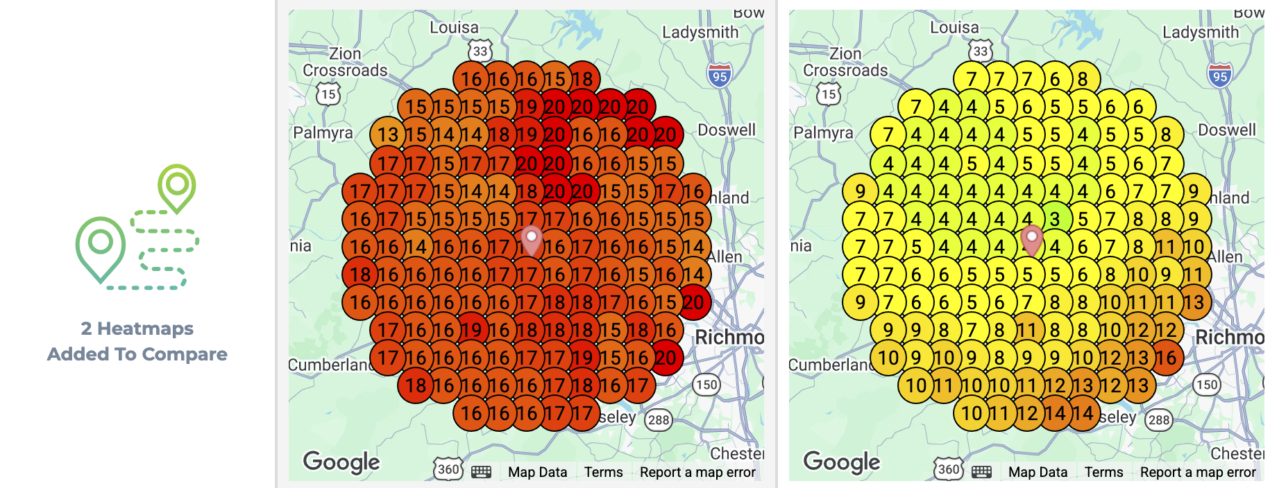 Side-by-side comparison of two heatmaps showing data points around Richmond, Virginia. The left heatmap uses orange to red colors with numbers ranging from 13 to 20, indicating higher values near the center. The right heatmap uses yellow to orange colors with numbers from 3 to 16, showing more variation with lower values in the center and increasing toward edges. Both maps display a pink location marker near the center and surrounding town names like Louisa, Palmyra, Zion Crossroads, and Doswell visible on the map.