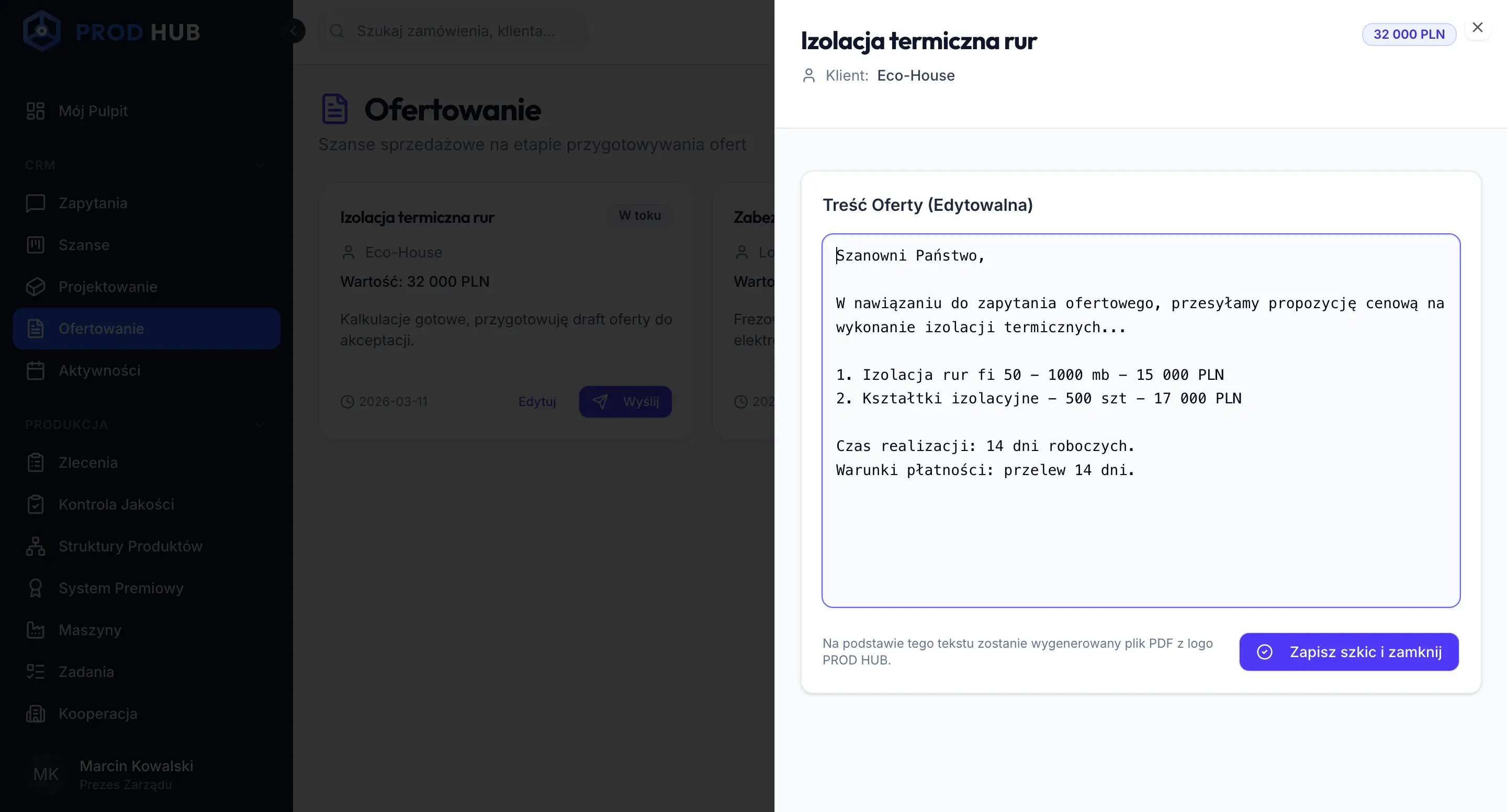 oferta sprzedażowa w oprogramowaniu dla produkcji