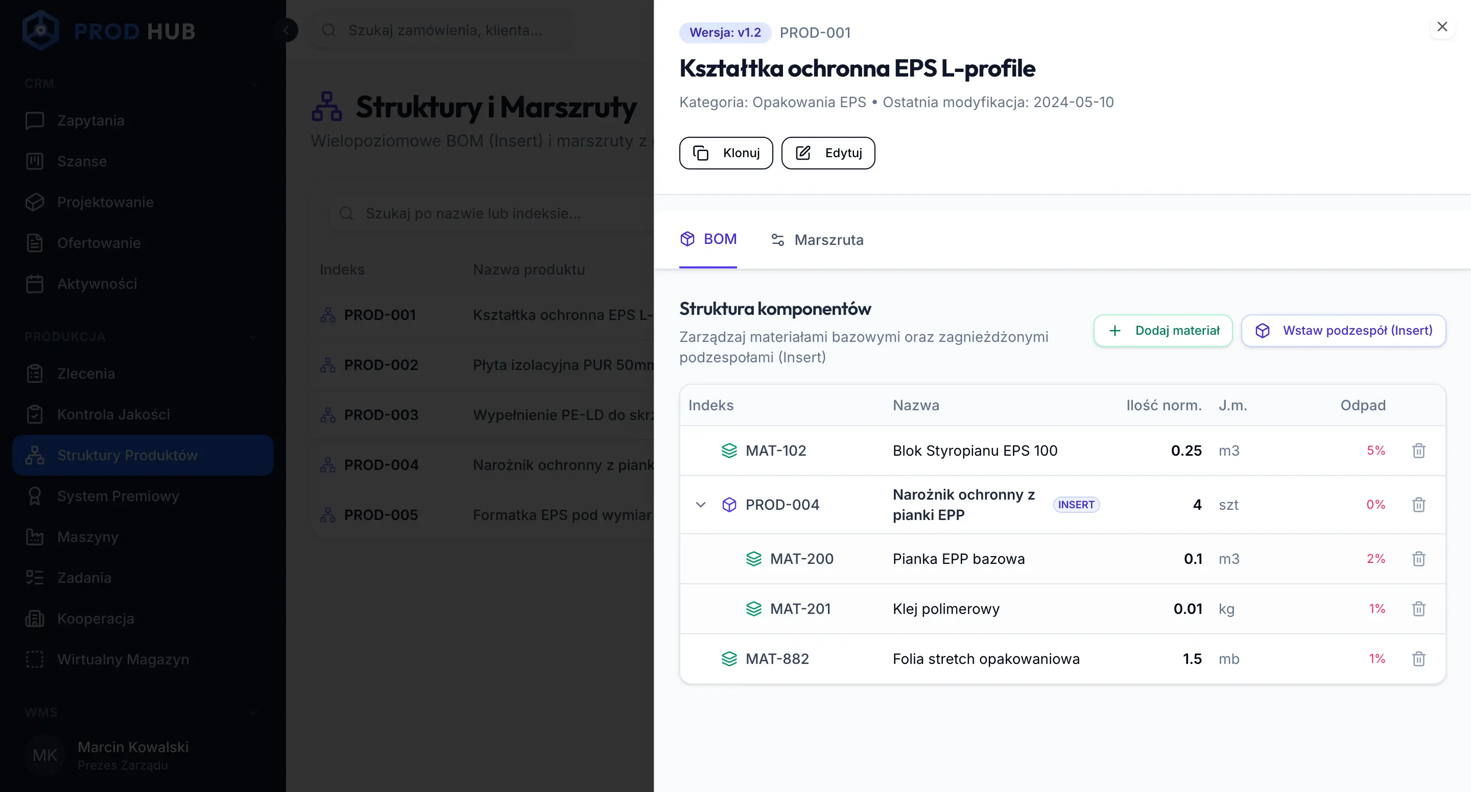 ustawianie struktury produkcyjnej