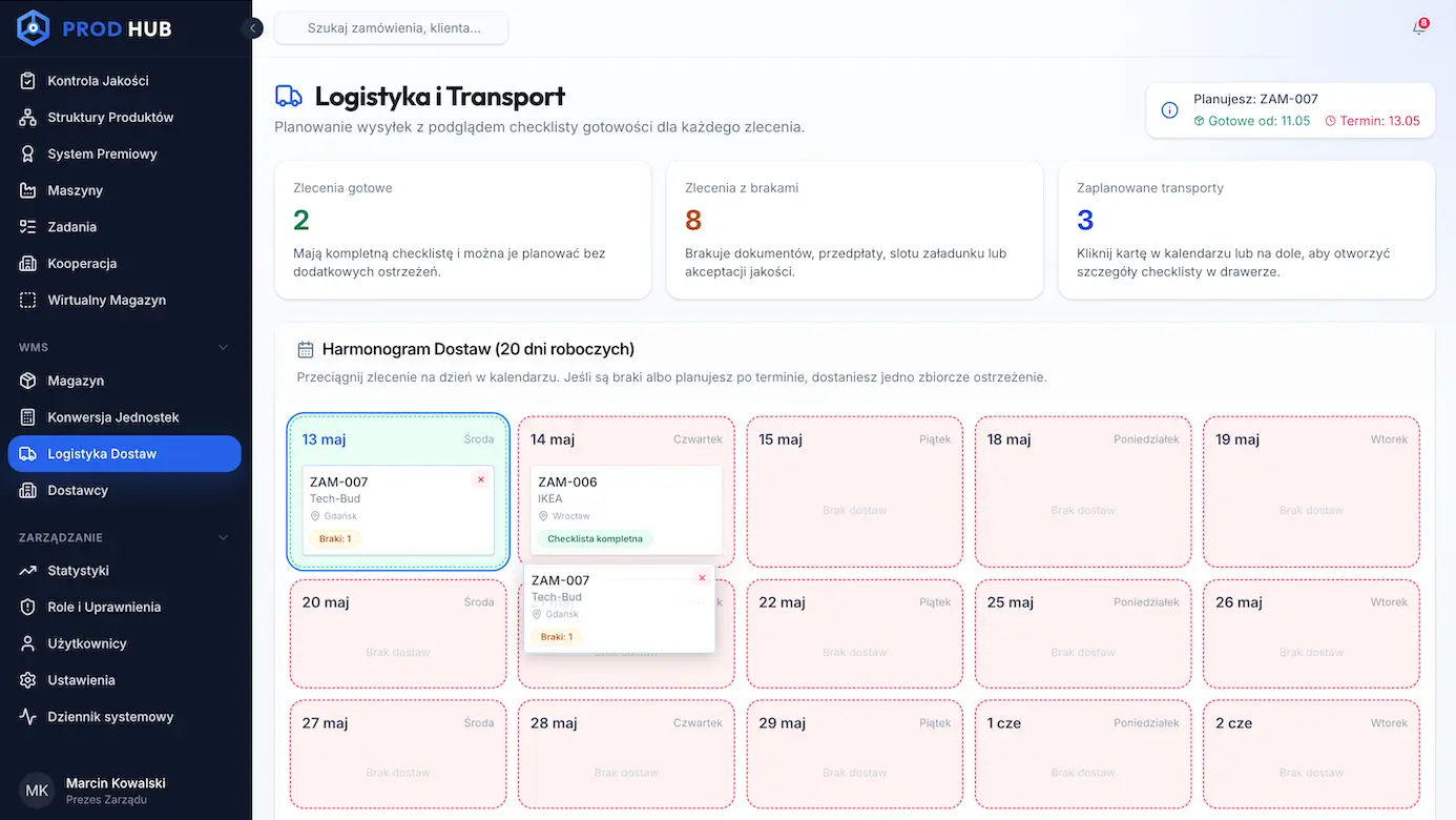 panl do planowania dostaw produktów