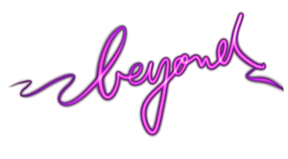 Neon pink cursive text spelling the word "beyond."