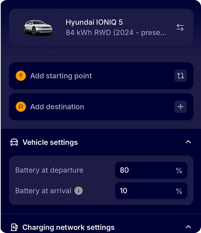 IONITY app route planner screen showing Hyundai IONIQ 5 with 84 kWh RWD, options to add starting point and destination, vehicle settings for battery at departure 80% and battery at arrival 10%, and charging network settings.