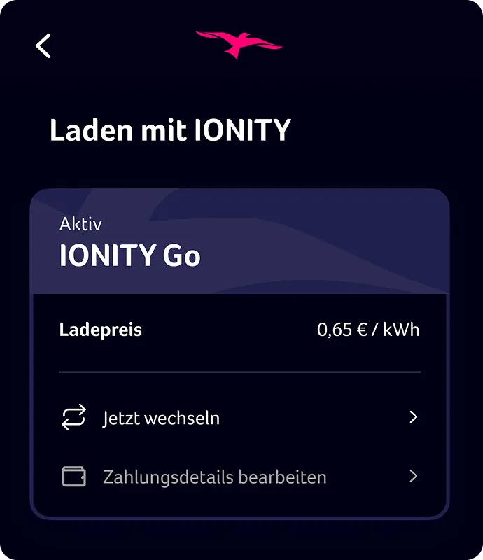 Screen showing active IONITY Go charging plan with price 0.65 euros per kWh, options to change plan or edit payment details in German.
