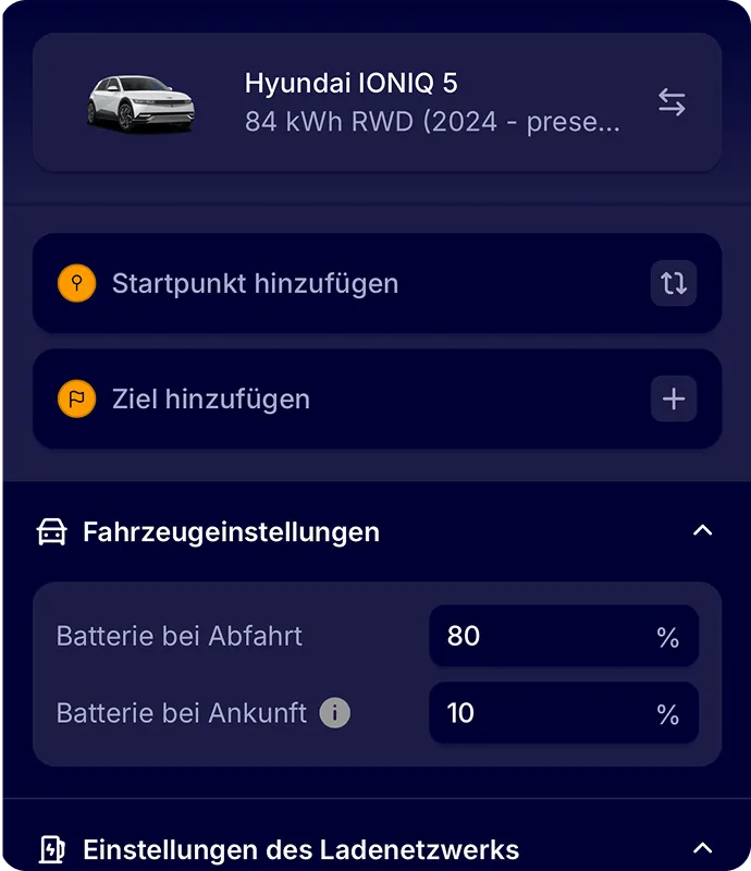 App screen showing Hyundai IONIQ 5 vehicle settings in German with battery levels set to 80% at departure and 10% at arrival, with options to add start and destination points.
