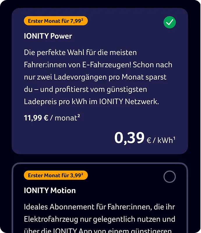 Comparison of two IONITY charging subscription plans in German: IONITY Power plan highlighted with first month at 7,99€ and 11,99€/month thereafter for frequent electric vehicle users with 0,39€/kWh rate, and IONITY Motion plan at 3,99€ first month for occasional users.
