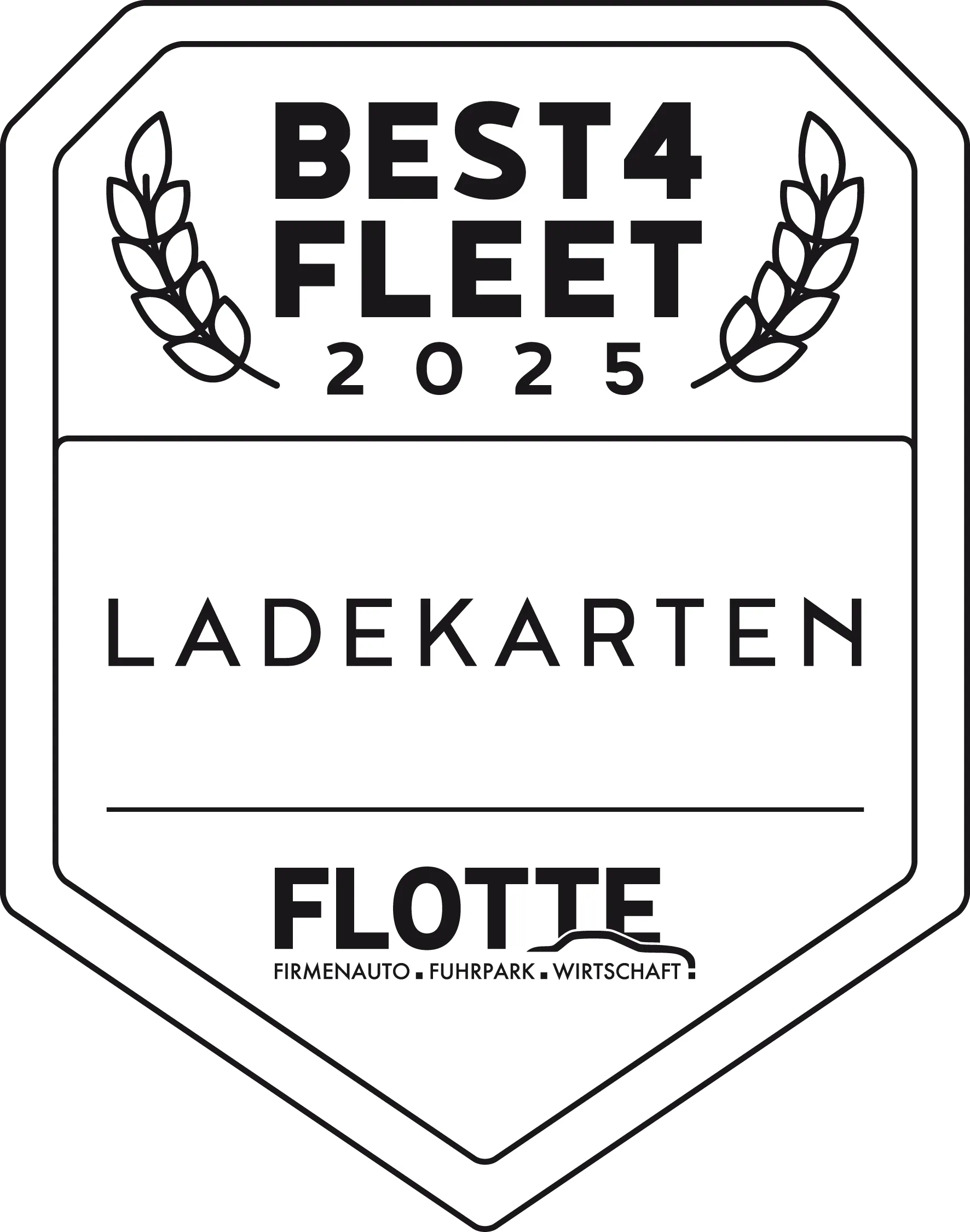 Black and white badge reading 'BEST4 FLEET 2025' with laurel branches, 'LADEKARTEN' in the center, and 'FLOTTE Firmenauto Fuhrpark Wirtschaft' at the bottom.
