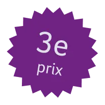 Purple starburst badge with white text reading '3e prix'.