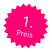 Pink starburst badge with white text reading '1. Preis'.
