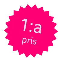 Pink starburst badge with white text reading '1:a pris'.
