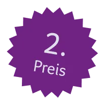 Purple starburst badge with white text reading '2. Preis'.