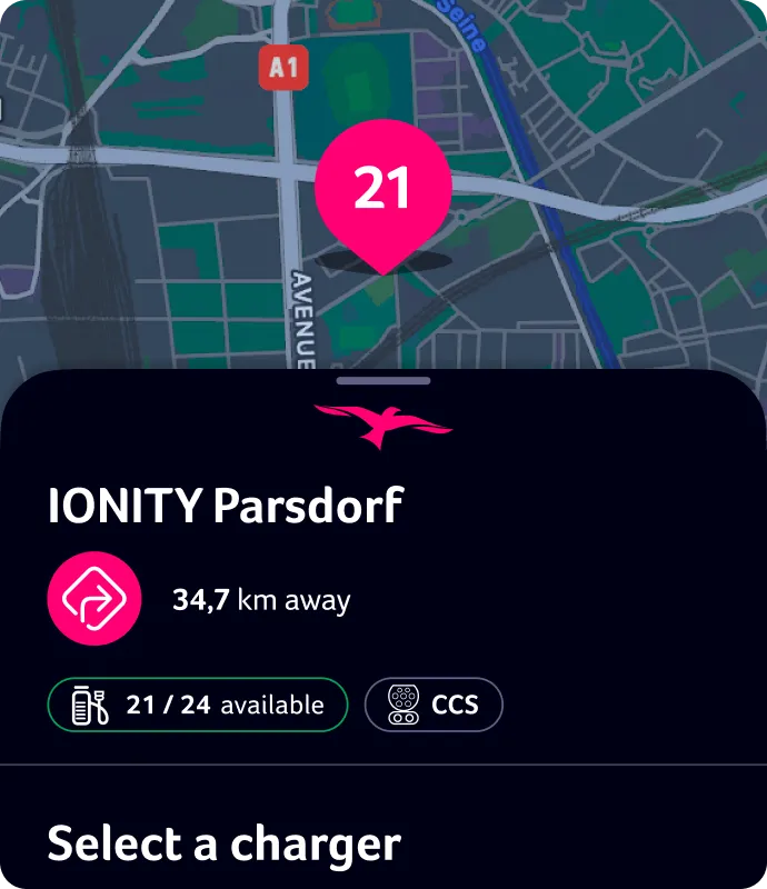 Map showing IONITY Parsdorf charging station 34.7 km away with 21 out of 24 chargers available and CCS type connector.