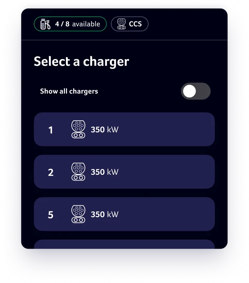 EV charging app interface showing 4 of 8 chargers available with CCS type, listing three chargers numbered 1, 2, and 5, each providing 350 kW power.