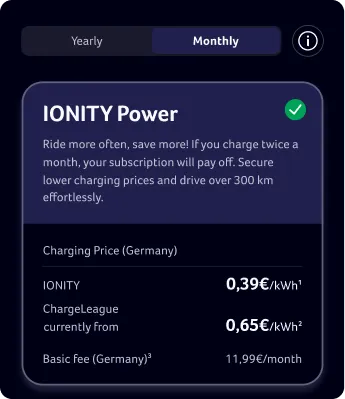 Subscription plan details for IONITY Power showing monthly billing, charging prices in Germany, and a green checkmark.