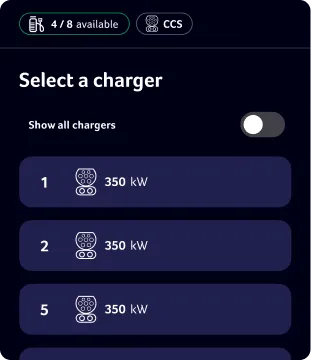 Screen showing selection of electric vehicle chargers with three CCS chargers, each 350 kW, and indicator of 4 out of 8 chargers available.