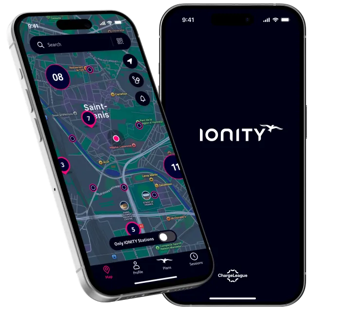 Two smartphones displaying the IONITY app, one showing a map with charging station locations around Saint-Denis, and the other showing the IONITY logo on a dark background.