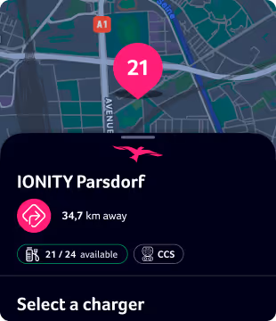 IONITY Parsdorf charging station 34.7 km away with 21 of 24 chargers available, CCS type.