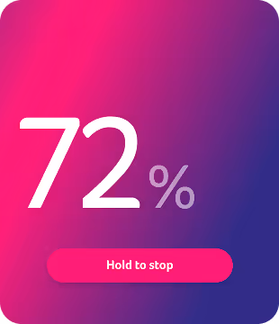 Screen showing 72% charge with a pink button labeled Hold to stop on a pink and blue gradient background.