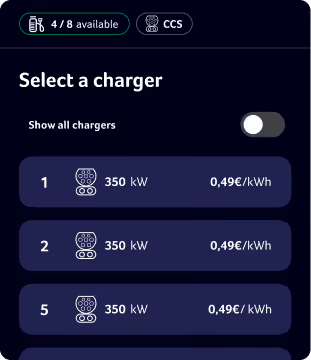 EV charger selection screen showing 3 CCS chargers each 350 kW at 0.49€/kWh with a toggle for all chargers.
