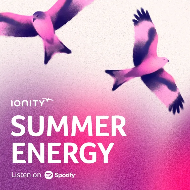 Two stylized pink and purple birds flying over a pink gradient background with summer energy text.