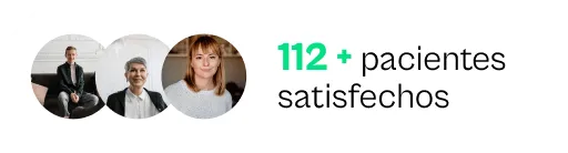Tres fotos circulares de pacientes sonrientes con el texto '112+ pacientes satisfechos'.