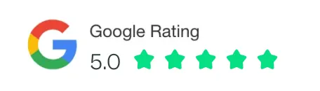 Calificación de Google con puntuación perfecta de 5.0 representada con cinco estrellas verdes.