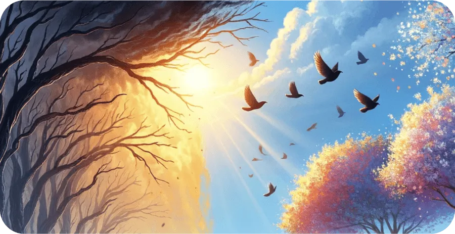 Árboles oscuros y sin hojas a la izquierda y árboles coloridos con flores a la derecha, bajo un cielo azul con sol radiante y aves volando.