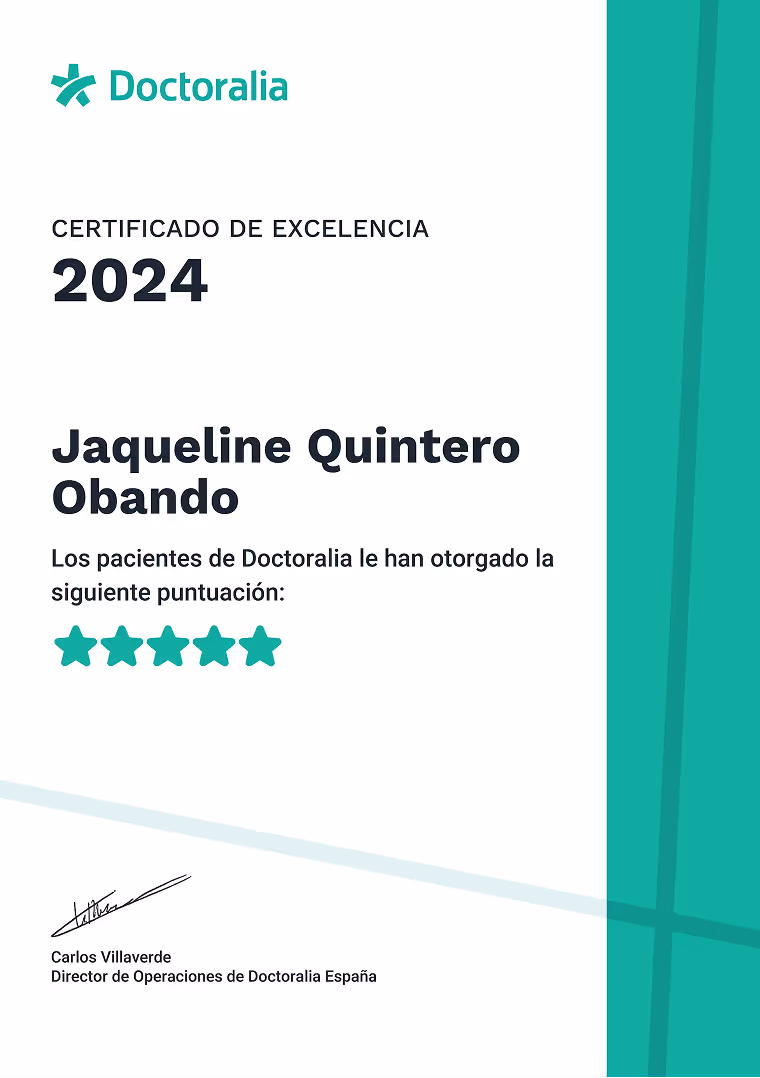 Certificado de Excelencia 2024 otorgado a Jaqueline Quintero Obando por Doctoralia con una puntuación de cinco estrellas, firmado por Carlos Villaverde, Director de Operaciones de Doctoralia España.