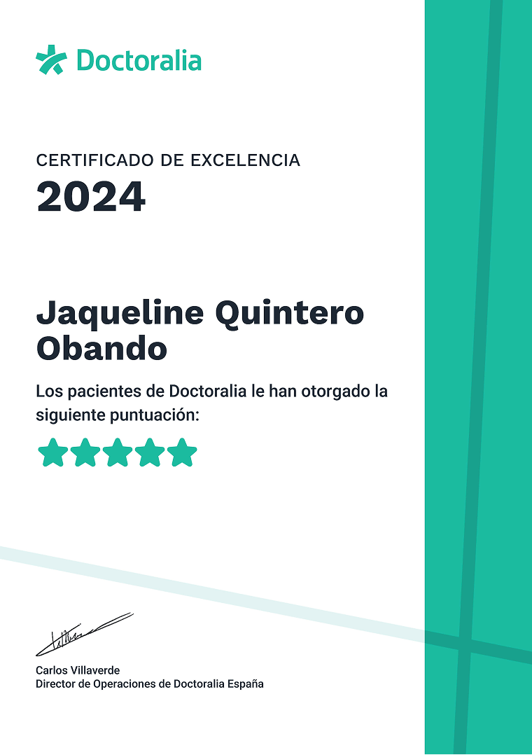 Certificado de Excelencia 2024 otorgado a Jaqueline Quintero Obando por Doctoralia con una puntuación de cinco estrellas, firmado por Carlos Villaverde, Director de Operaciones de Doctoralia España.