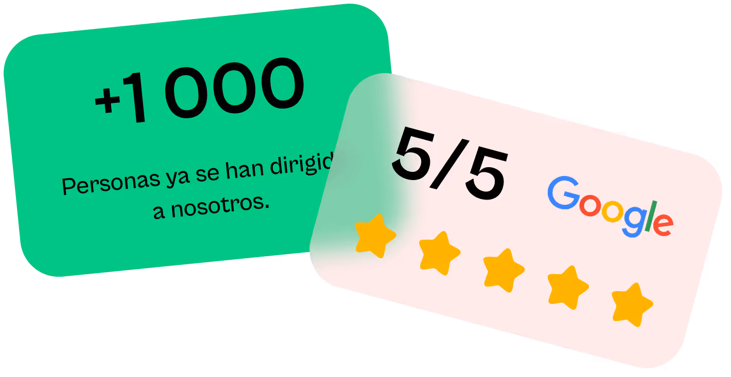 Dos tarjetas superpuestas; la verde muestra +1000 personas que se han dirigido a nosotros, la blanca muestra una calificación 5 de 5 estrellas con el logo de Google.