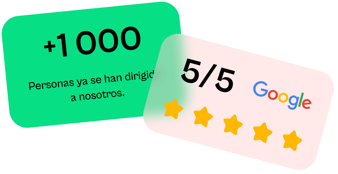 Dos tarjetas superpuestas; la verde muestra +1000 personas que se han dirigido a nosotros, la blanca muestra una calificación 5 de 5 estrellas con el logo de Google.