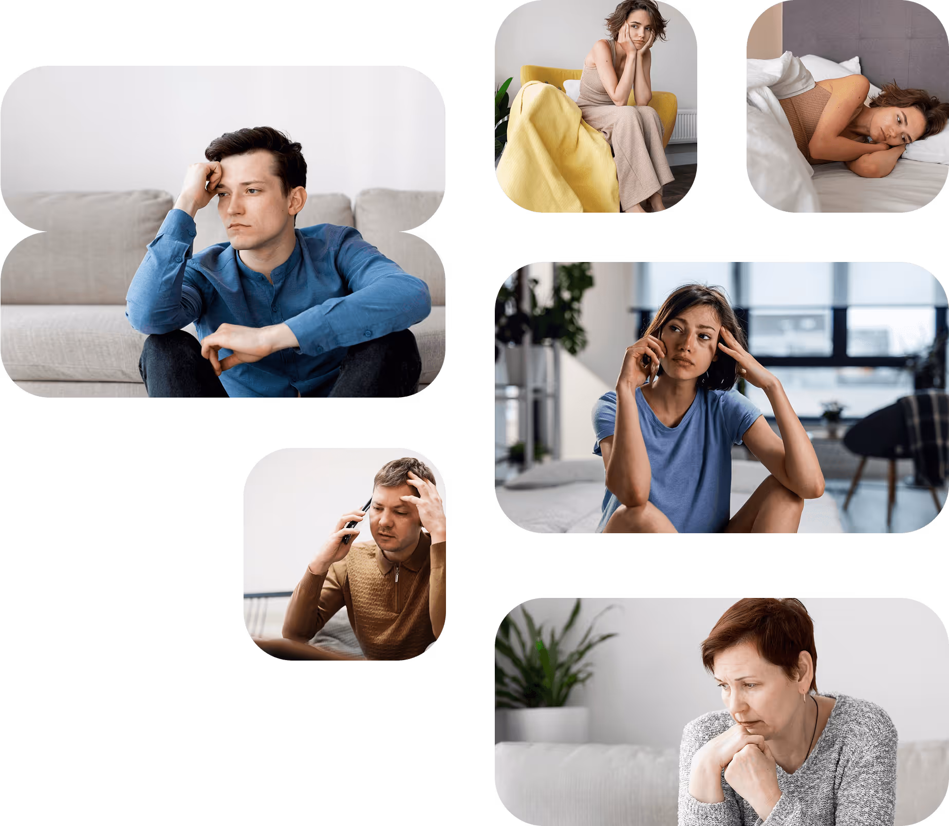 Collage de personas con expresiones de preocupación y estrés en ambientes interiores.