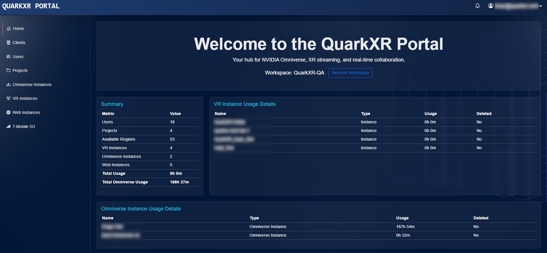 Screenshot from the home page of the QuarkXR Portal. It displays the main navigation tabs on the left side, while the majority of the page is dedicated to usage statistics. There's also the ability to view and change your Workspace name.