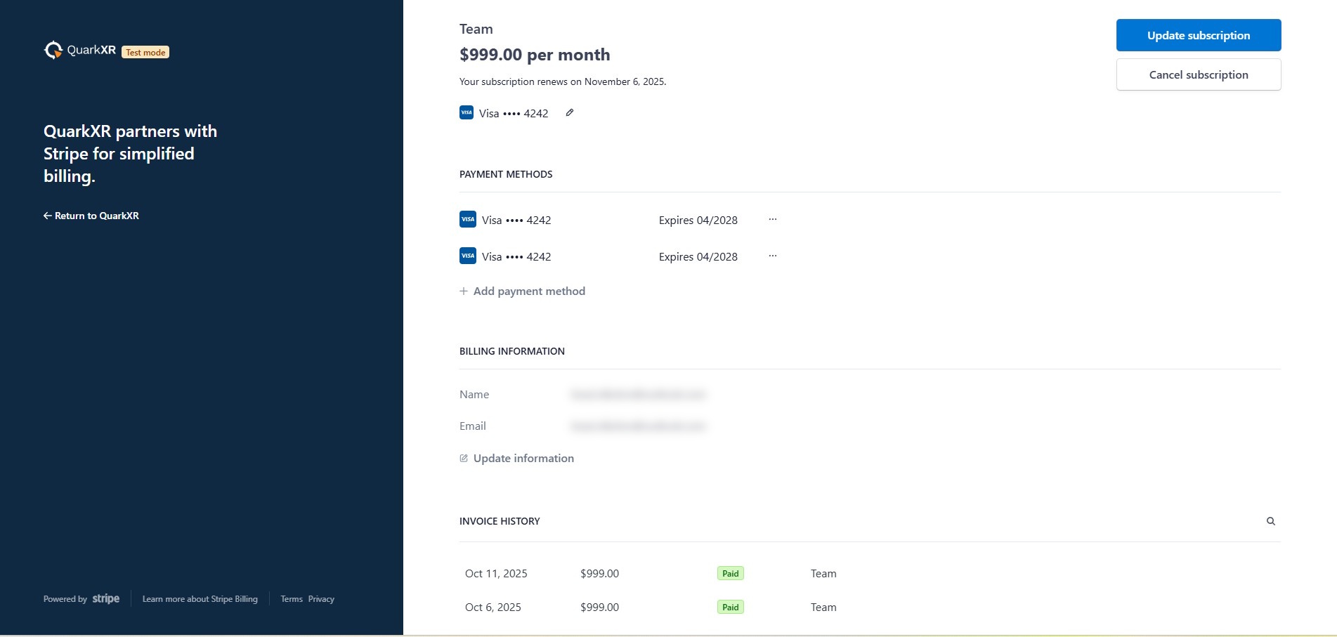 A screenshot of the Stripe billing portal. Allows the user to update or cancel their subscription, as well as edit or change their payment method. Invoices are available for download.