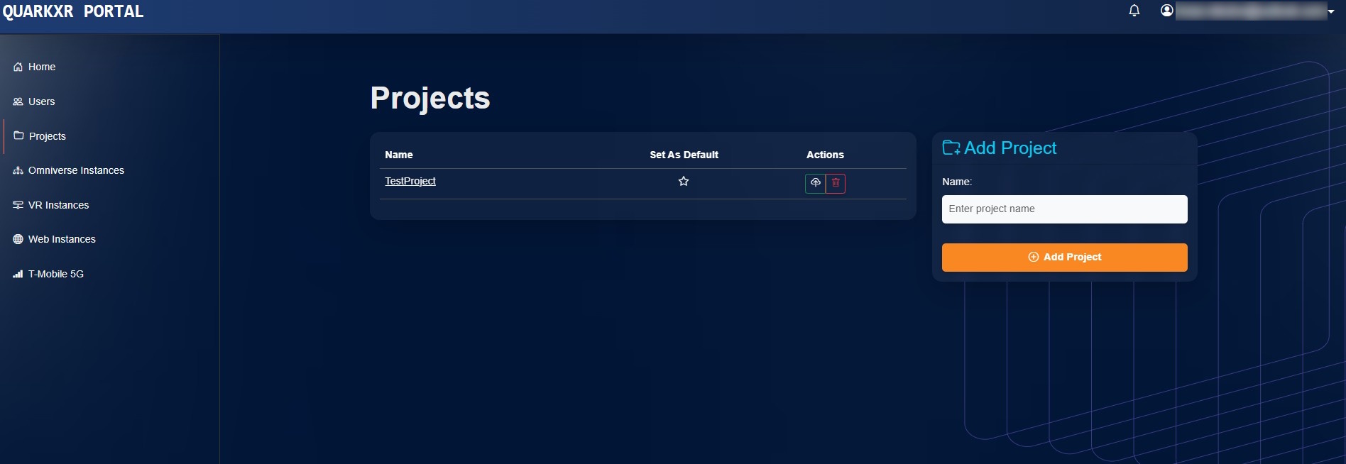 A screenshot from the Projects tab inside the QuarkXR portal. Users can create projects and set a default project.
