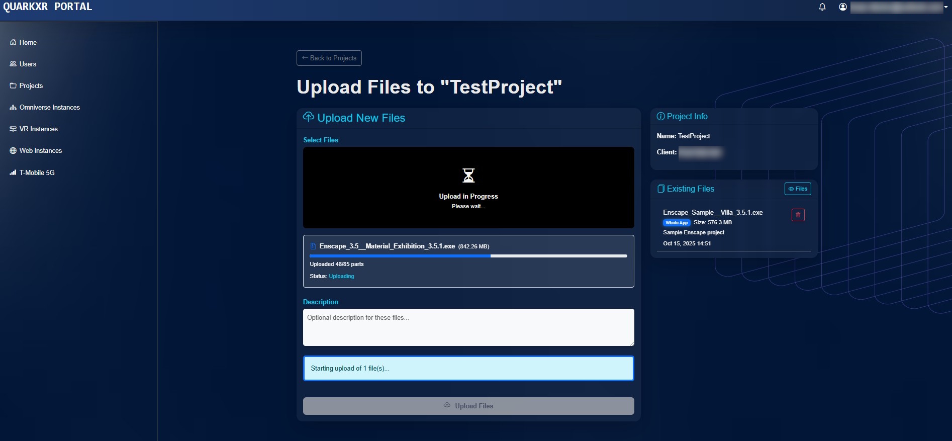Screenshot from the Upload Files page where users can drag & drop their assets to be synced to QuarkXR instances (Omniverse and VR).