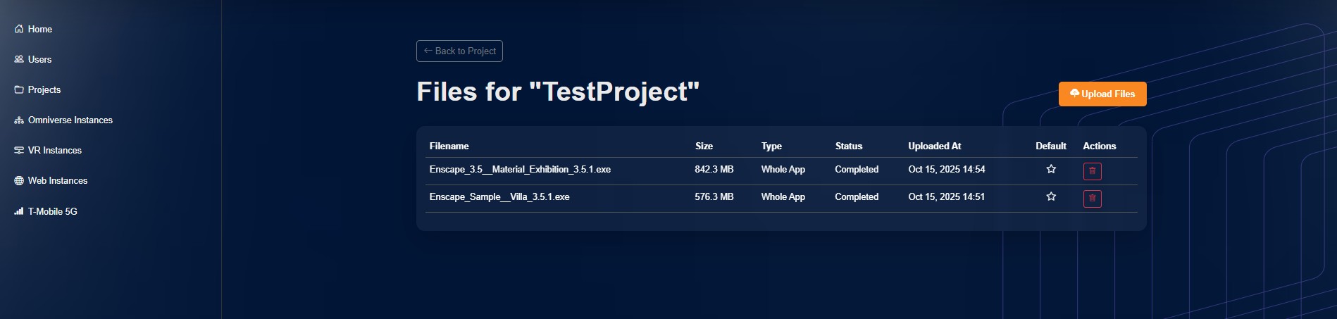 The Files page displays a table with all assets for a given project.