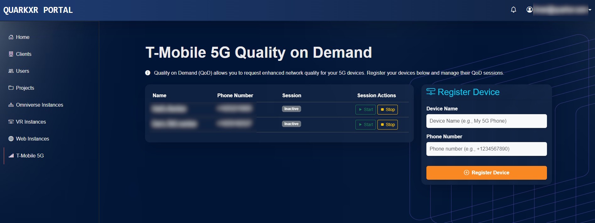 The T-Mobile 5G Quality on Demand tab allows users to add supported 5G devices and enable QoD sessions. Such sessions temporarily prioritize network quality for VR/AR streaming.