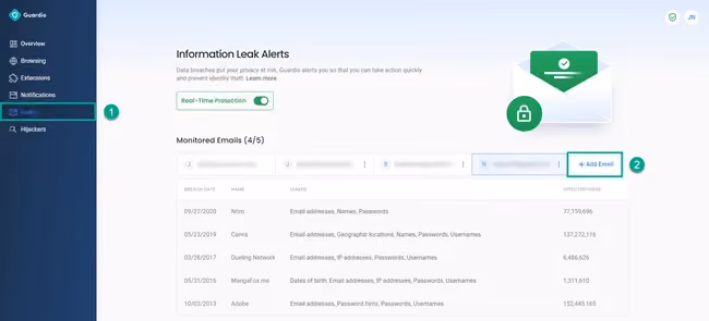 Screenshot showing how to find leaked passwords using Guardio
